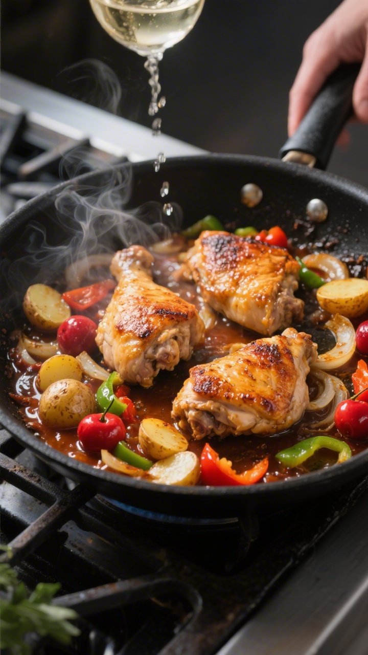 Cooking process, dramatic skillet action: Searing chicken thighs and halved baby potatoes in a large