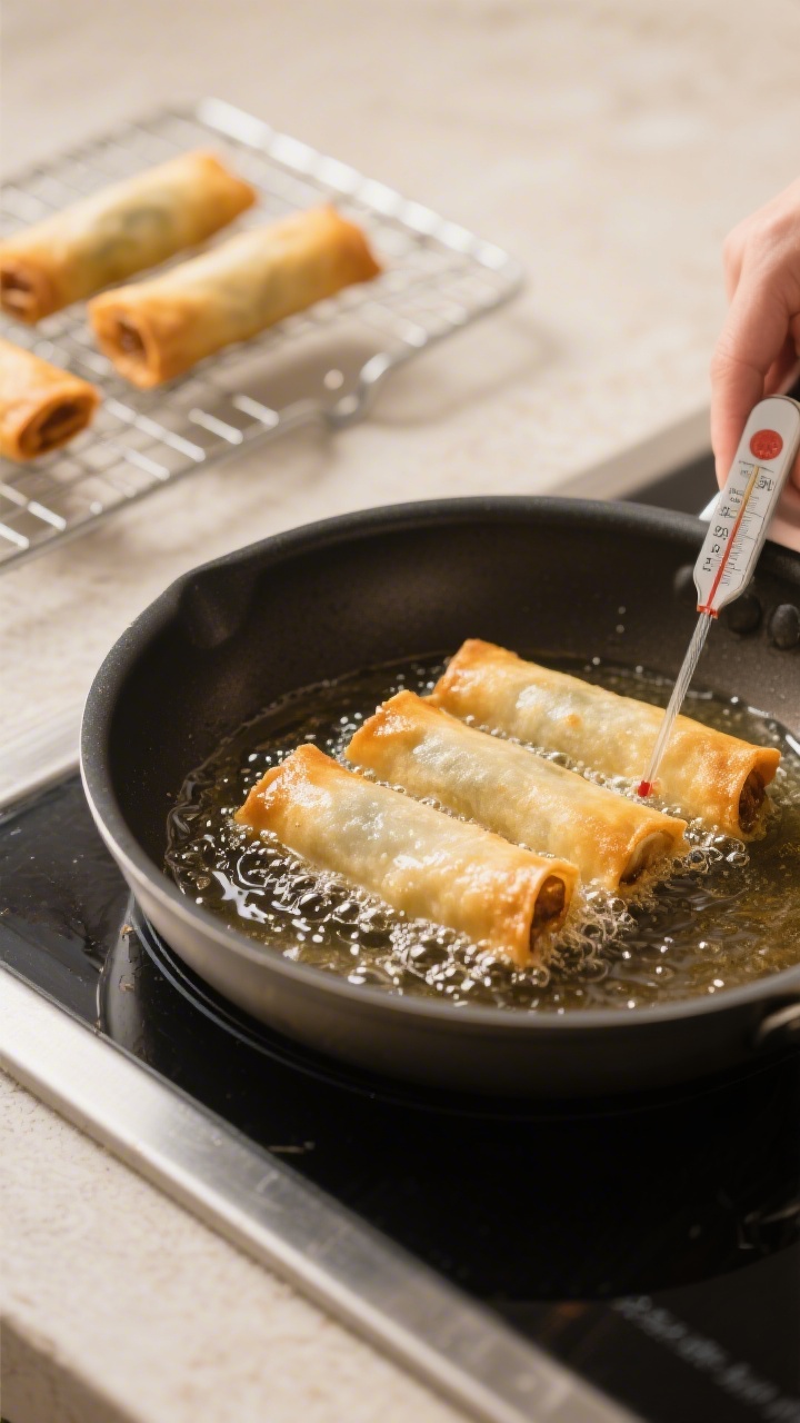 Cooking process: Egg rolls frying in a deep skillet at 350–365°F, three to five rolls gently turn