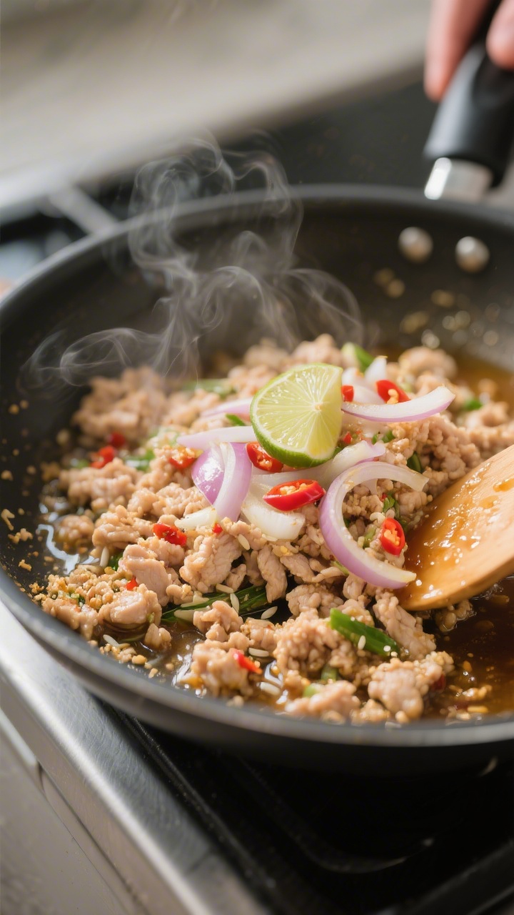 Cooking process — ground chicken larb in the pan: Close-up of just-cooked, tender ground chicken i