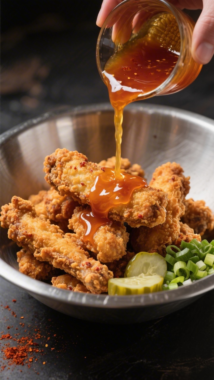 Cooking process: Honey hot sauce being poured over a pile of freshly fried tenders in a stainless mi