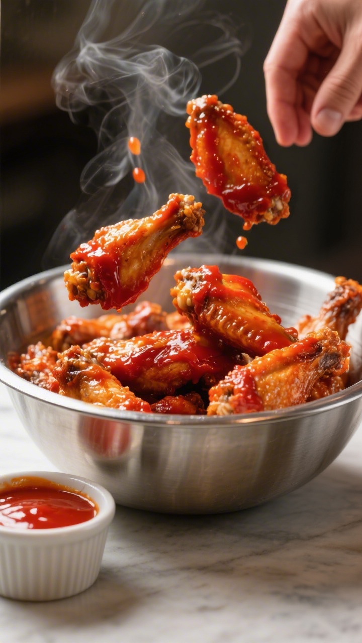 Cooking process: Hot wings being tossed in a large stainless-steel bowl with glossy Buffalo sauce ma