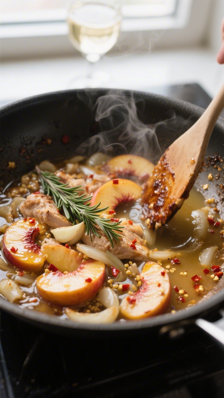 Cooking process: In-pan action shot of the deglaze stage—caramelized fond being scraped up with si