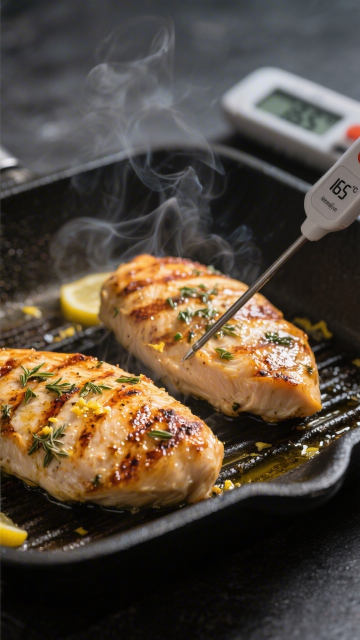 Cooking process: Juicy Greek-marinated chicken breasts sizzling on a grill pan, golden char marks fo