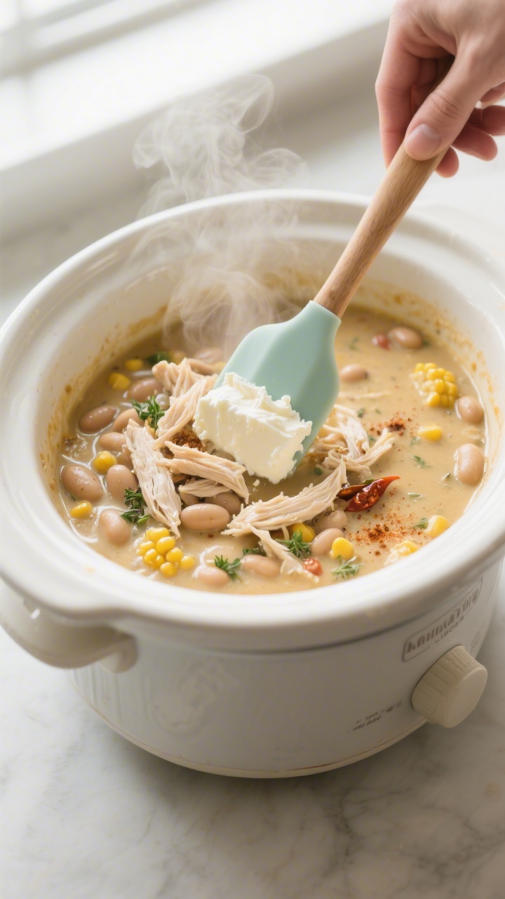 Cooking process, mid-simmer: Overhead shot of white chicken chili bubbling gently in a ceramic crock