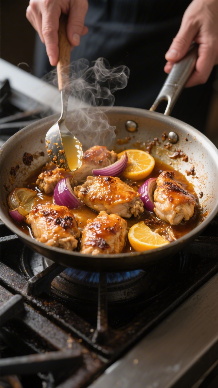 Cooking process: Over-the-shoulder pan shot of chicken pieces just pulled from the oven in a large s