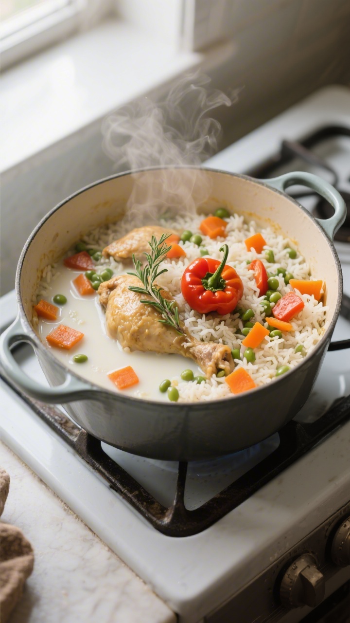 Cooking process overhead: One-pot chicken pelau at the simmer stage, showing evenly distributed parb