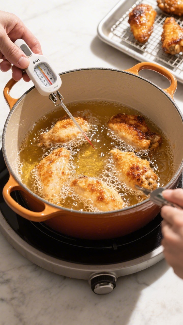 Cooking process: Overhead shot of a Dutch oven with 2 inches of peanut oil at 340°F, several coated