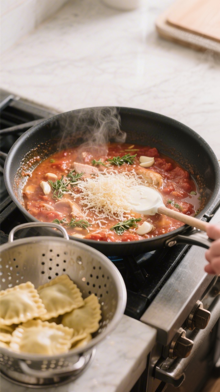 Cooking process: Overhead shot of a large high-sided skillet as the sauce comes together—tomato sa