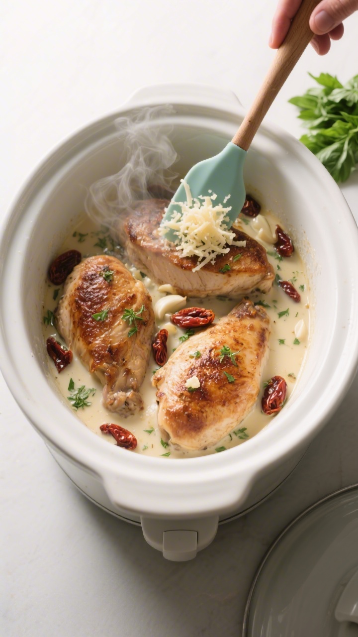 Cooking process: Overhead shot of browned chicken breasts nestled in a slow cooker, bathed in a crea