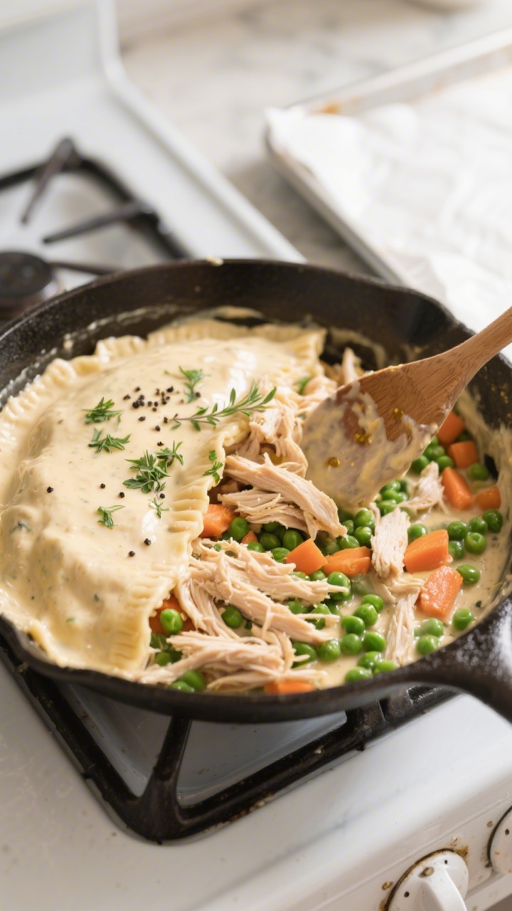 Cooking process: Overhead shot of creamy chicken filling being folded together in a stainless skille