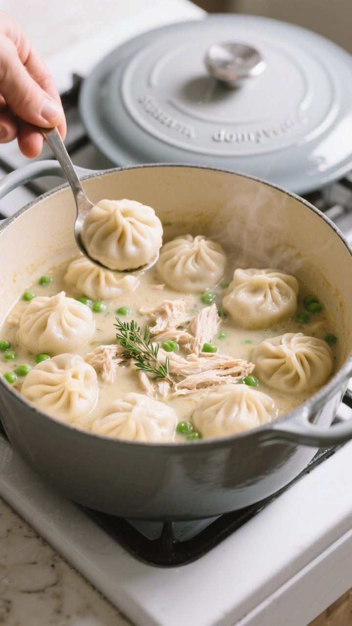 Cooking process: Overhead shot of dumpling dough being dropped onto the low-simmering chicken stew w