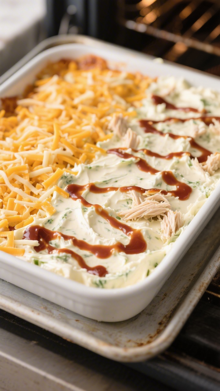 Cooking process: Overhead shot of the assembled dip just before baking—creamy ranch–cream cheese