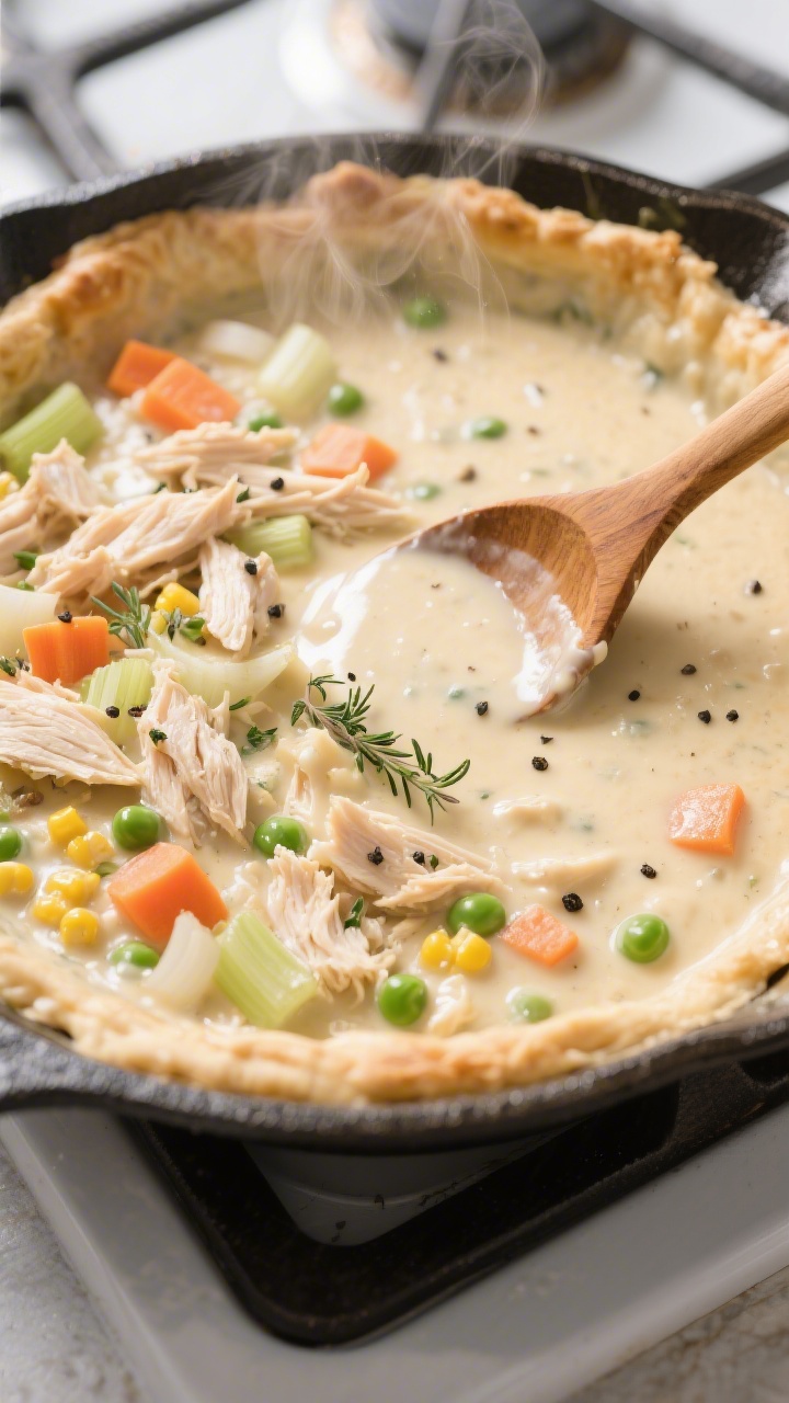 Cooking process: Overhead shot of the creamy pot pie filling in an oven-safe skillet right after thi