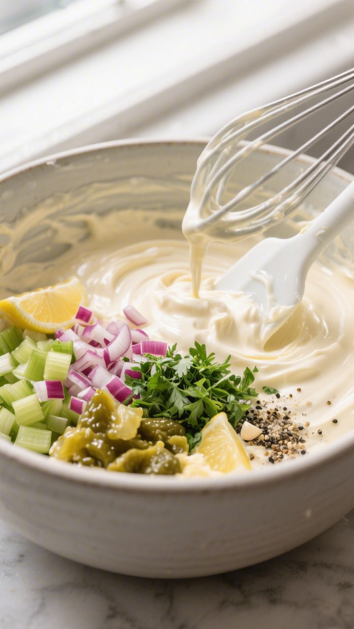 Cooking process: Overhead shot of the dressing being whisked smooth in a large mixing bowl—silky m