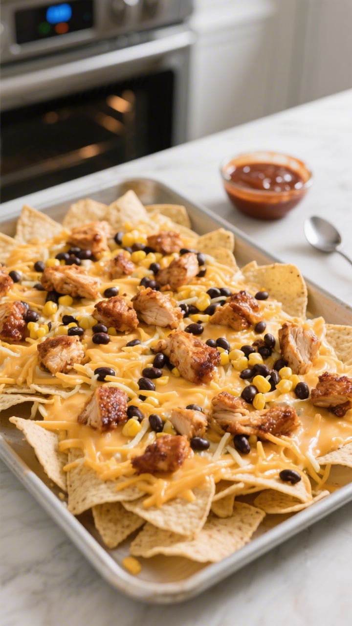 Cooking process: Overhead shot of the “first cheese layer” stage on a large sheet pan—an even