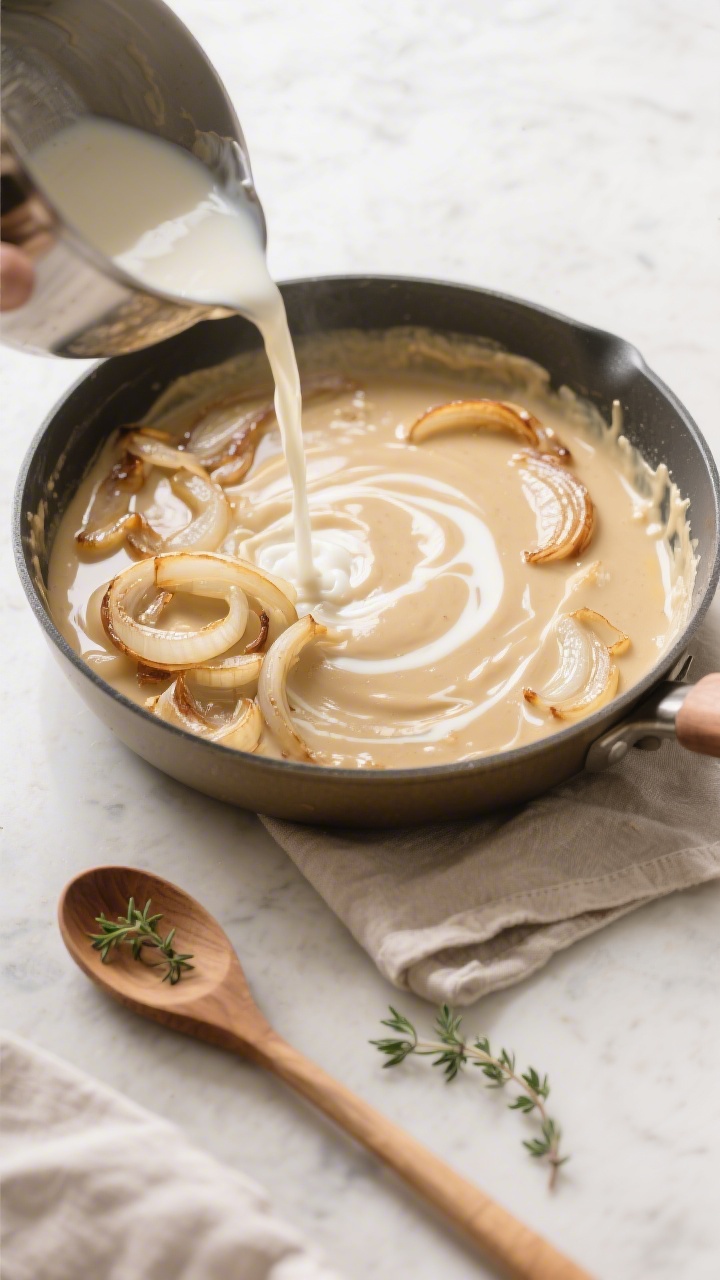 Cooking process: Overhead shot of the gravy-building stage—softly caramelized onions coated in a p