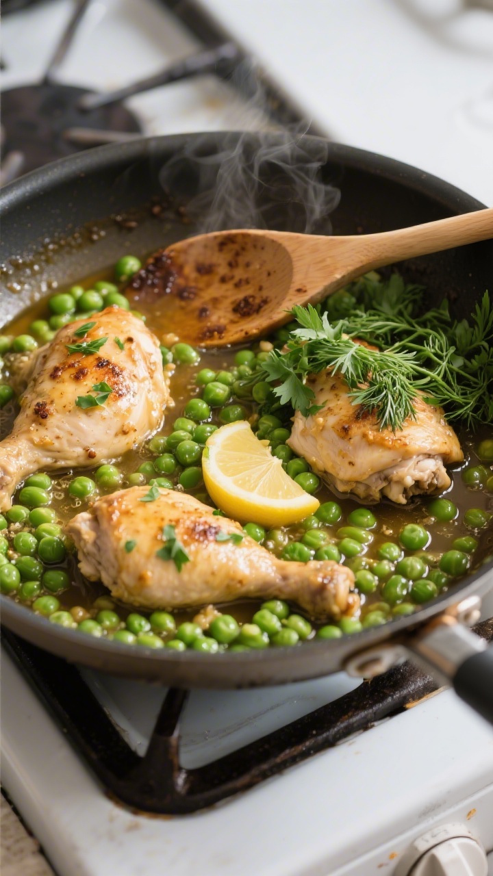 Cooking process: Overhead shot of the one-pan chicken and peas simmering after deglazing—broth gen