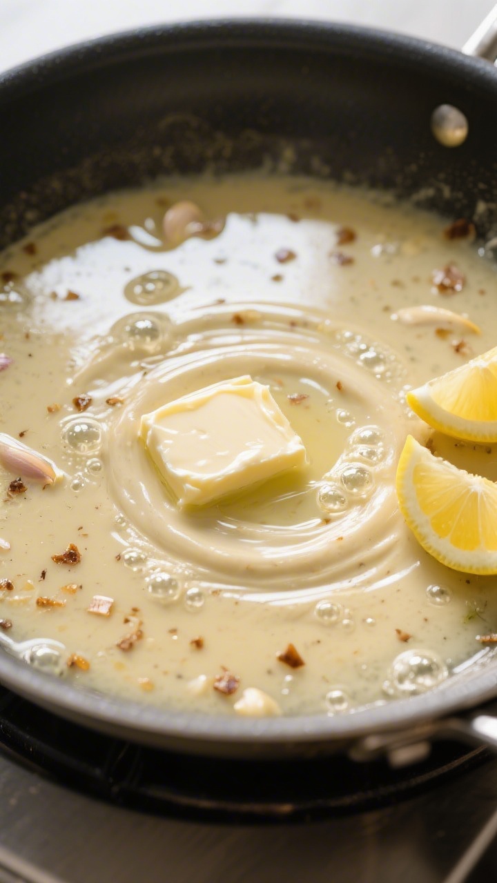 Cooking process: Overhead shot of the sauce-building stage—silky lemon-white wine and chicken brot
