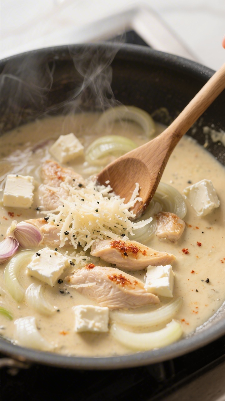 Cooking process: Overhead shot of the sauce coming together in the same skillet—onions softened an