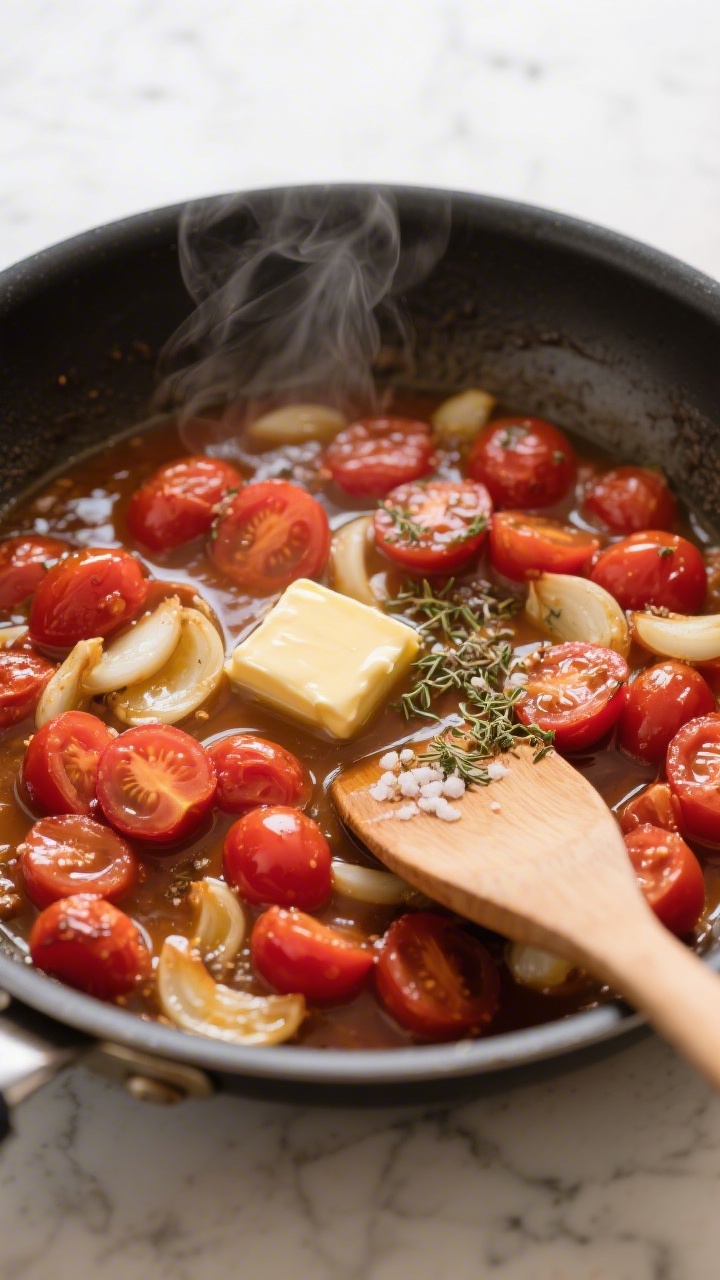 Cooking process: Overhead shot of the sauce coming together in the pan—halved cherry tomatoes acti