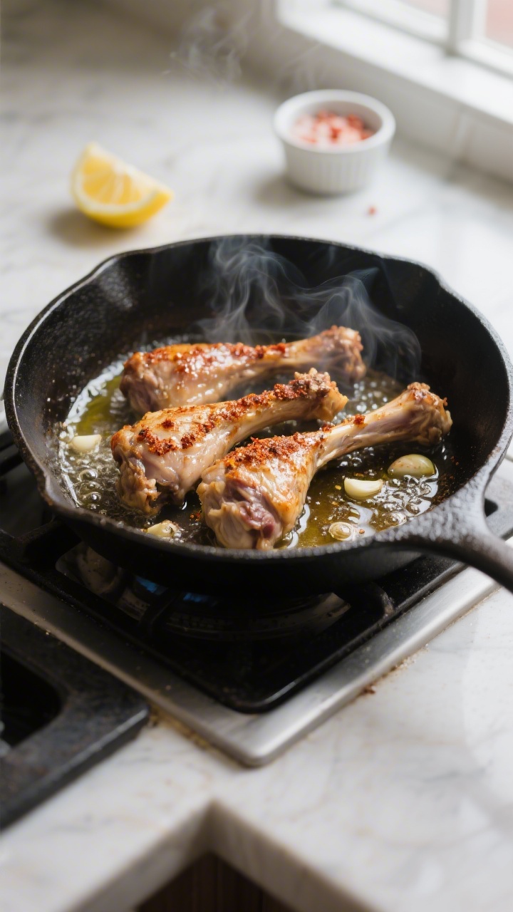Cooking process: Pan-frying chicken necks in a large cast-iron skillet, mid-sear with visible browni