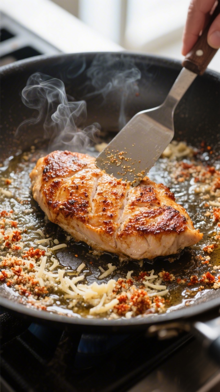 Cooking process: Pan-searing Malibu chicken cutlets in a large skillet—perfectly browned crust for