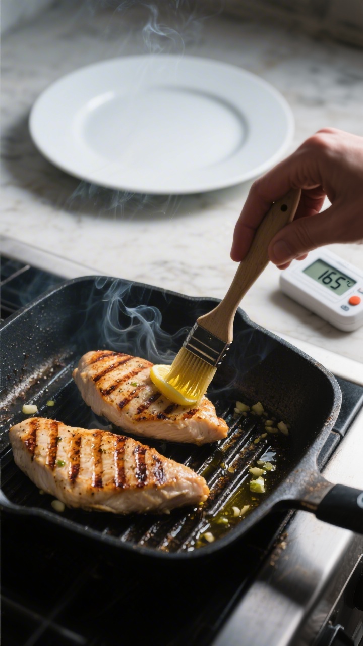 Cooking process scene: chicken cutlets on a hot grill pan, mid-sear with visible grill marks and lig