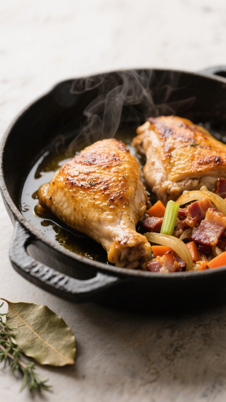 Cooking process — Searing stage: Close-up of golden, crackling skin-on chicken thighs just seared