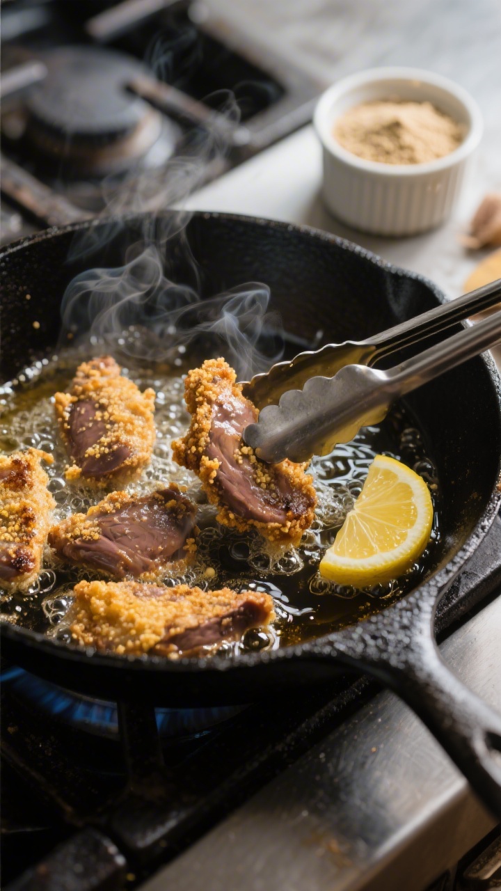 Cooking process: Sizzling fried chicken livers in a black cast-iron skillet with 1/2 inch of hot oil