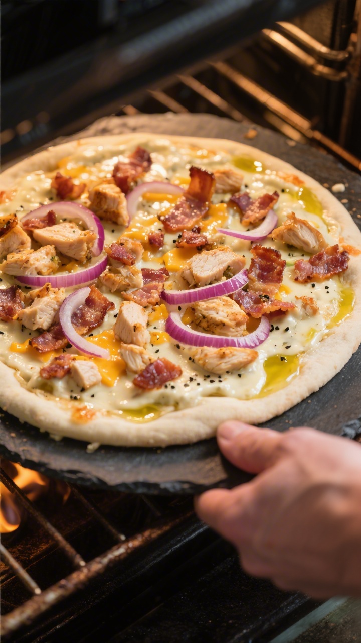 Cooking process — Sliding the assembled chicken bacon ranch pizza onto a preheated pizza stone in