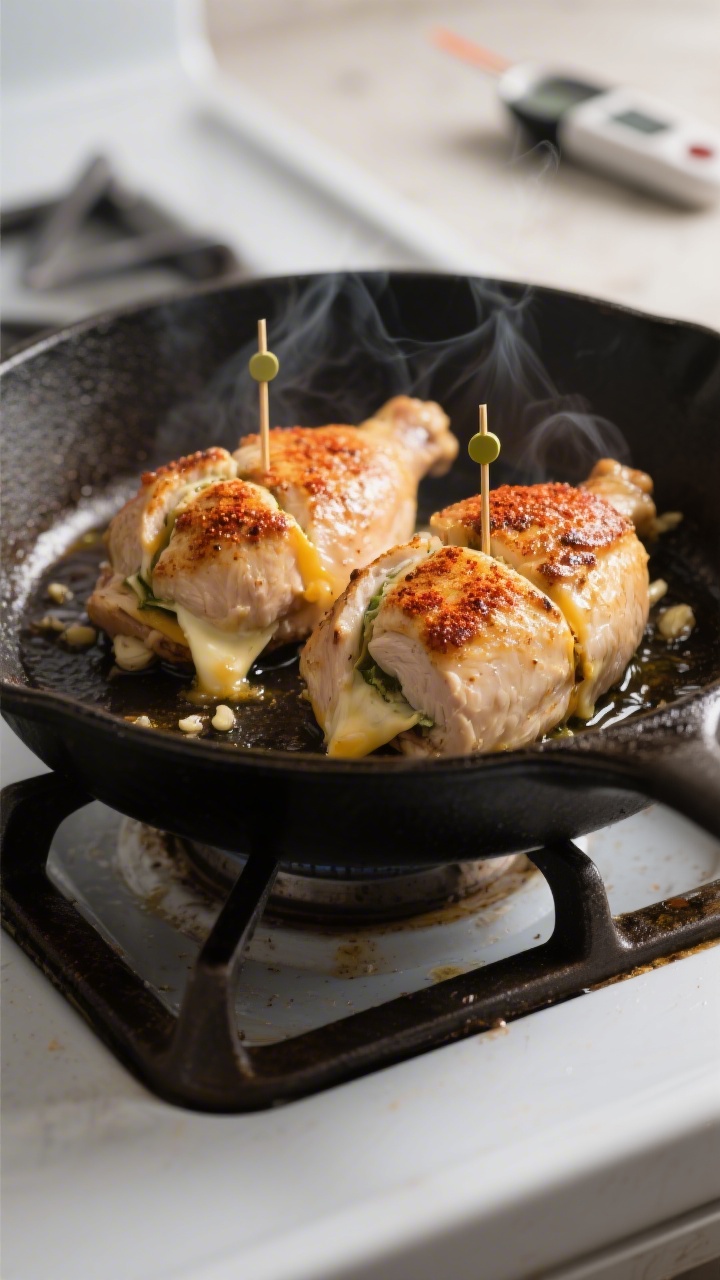 Cooking process: Stuffed chicken breasts searing in an oven-safe skillet, toothpicks securing the se