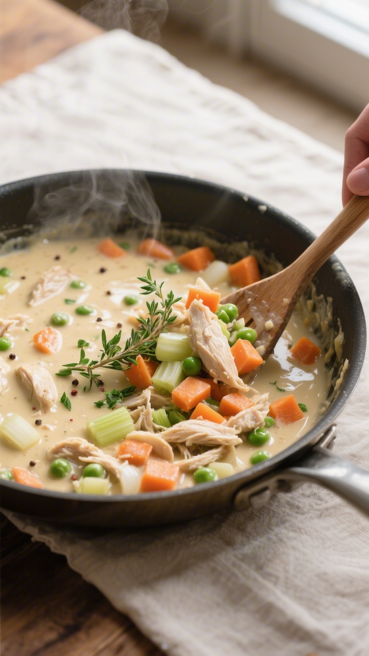 Cooking process: The creamy chicken and vegetable filling thickening in a wide stainless skillet—s
