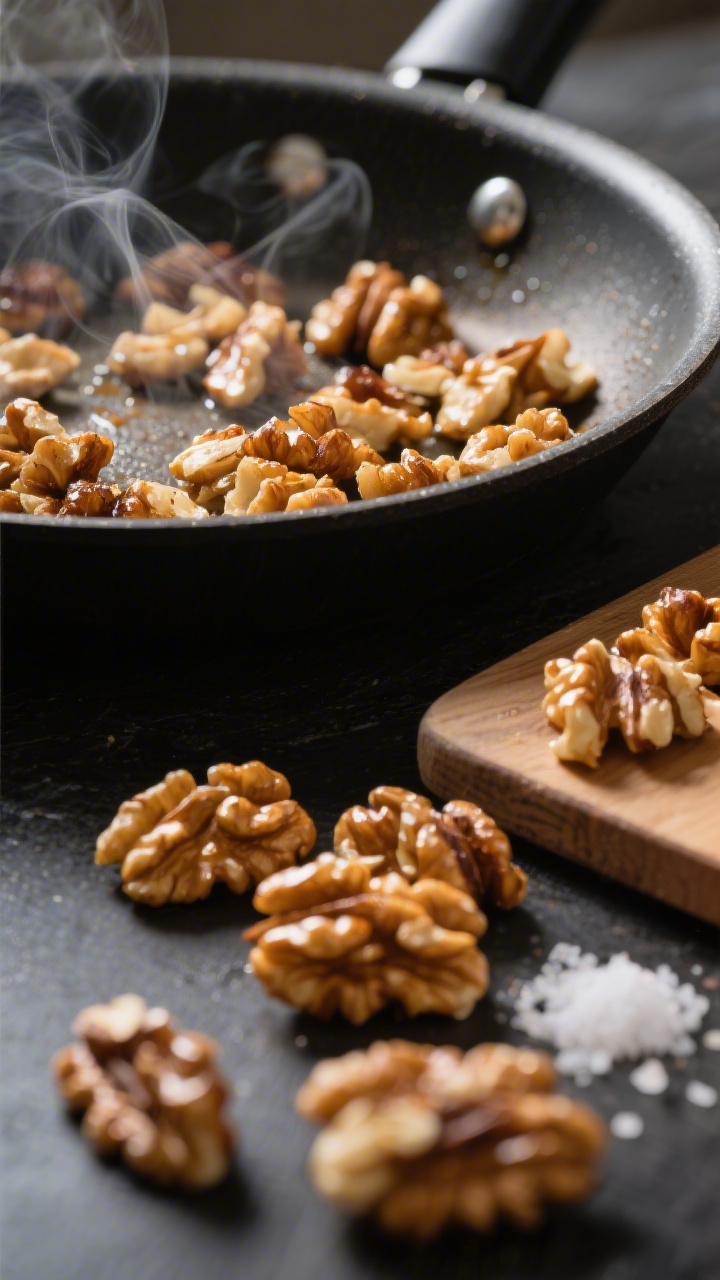 Cooking process — Toasted walnuts for Waldorf chicken salad being finished in a dry skillet, golde