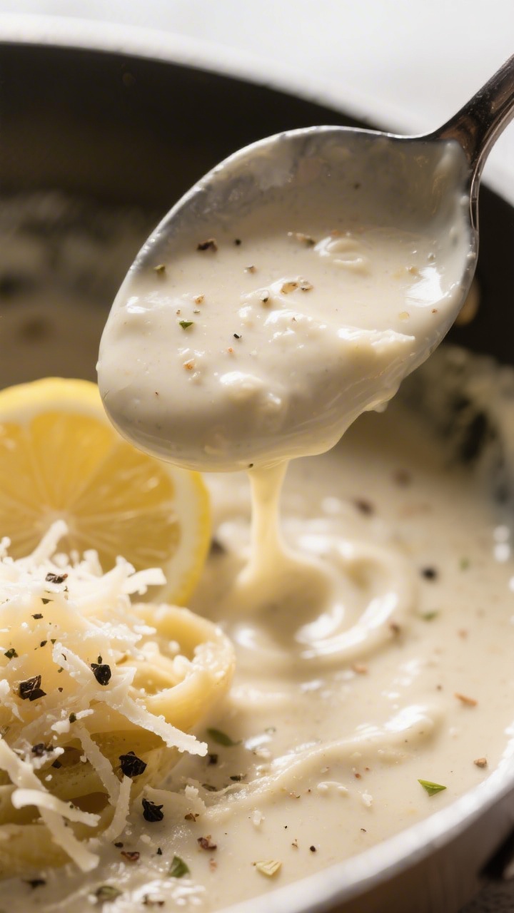 Creamy sauce detail: Macro shot of silky garlic-parmesan cream sauce coating a spoon as it’s stirr