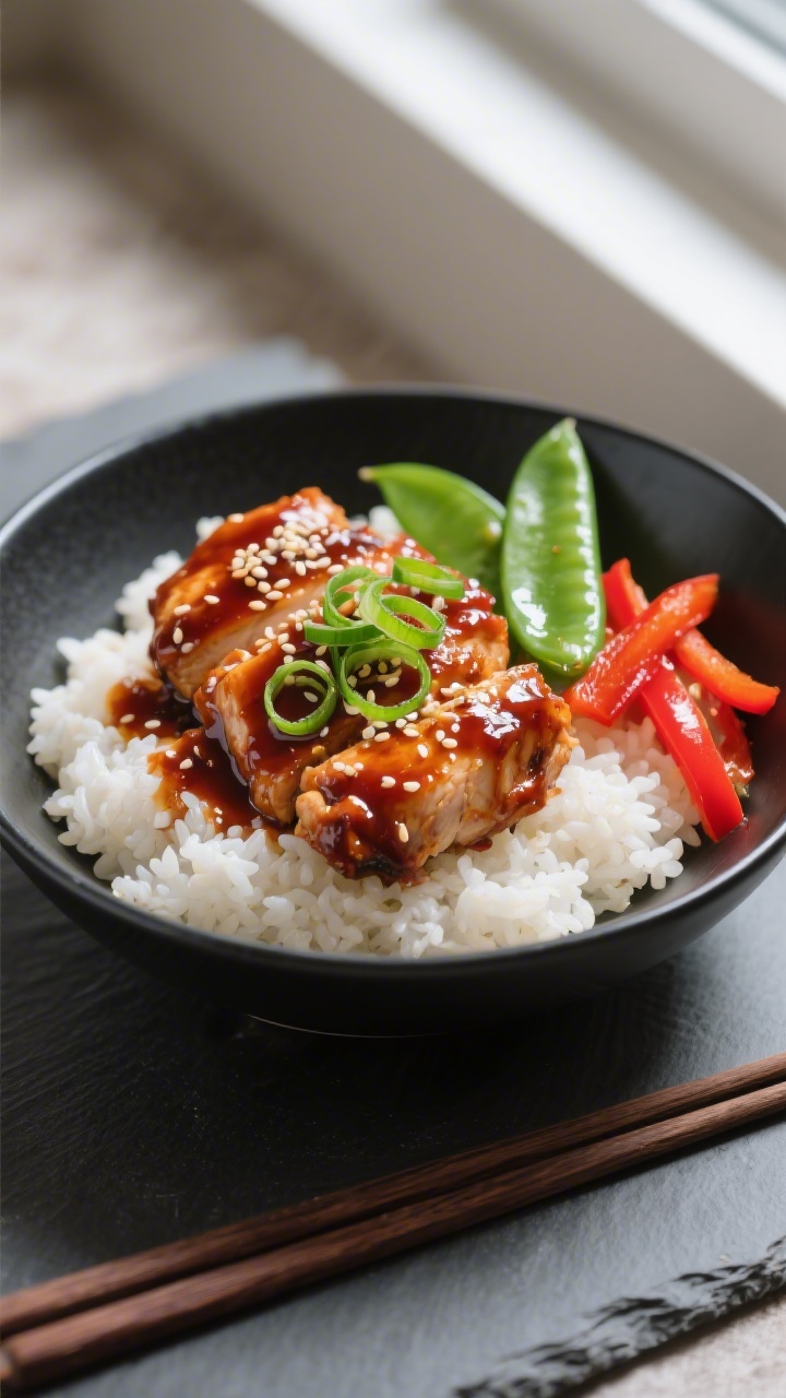 Final dish: Beautifully plated Chicken Gochujang over fluffy steamed white rice in a matte black bow