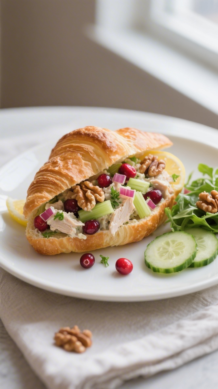 Final dish beauty shot: Cranberry Walnut Chicken Salad piled into a flaky, split croissant on a matt