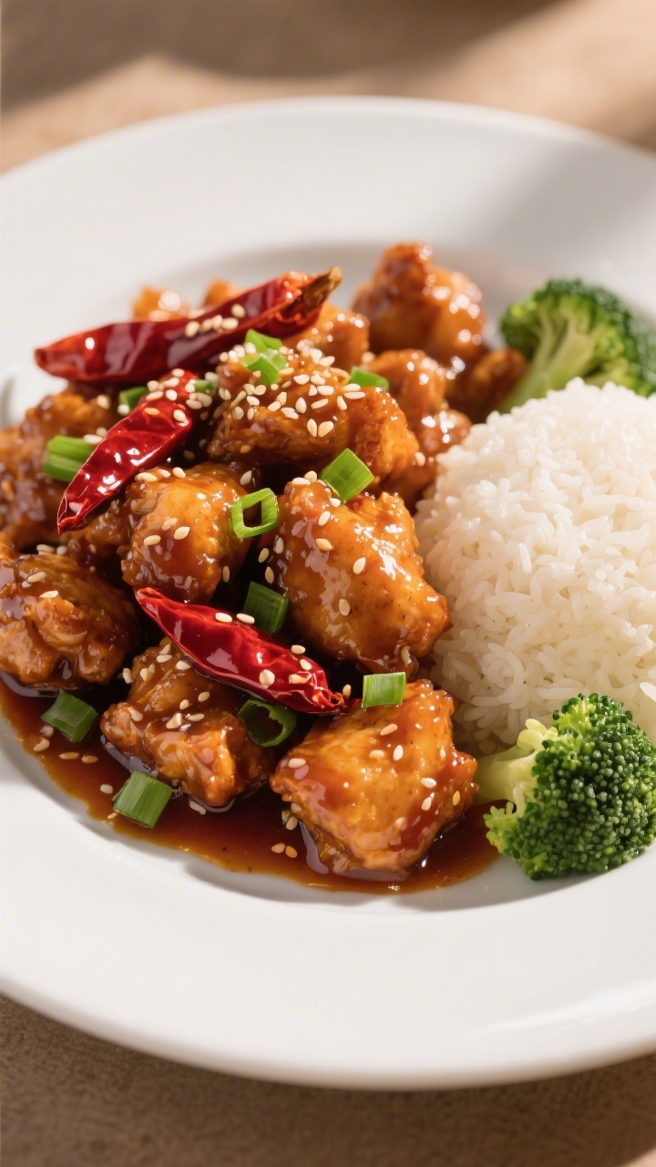 Final dish hero plate: Restaurant-quality presentation of General Tso’s Chicken piled high on a wi