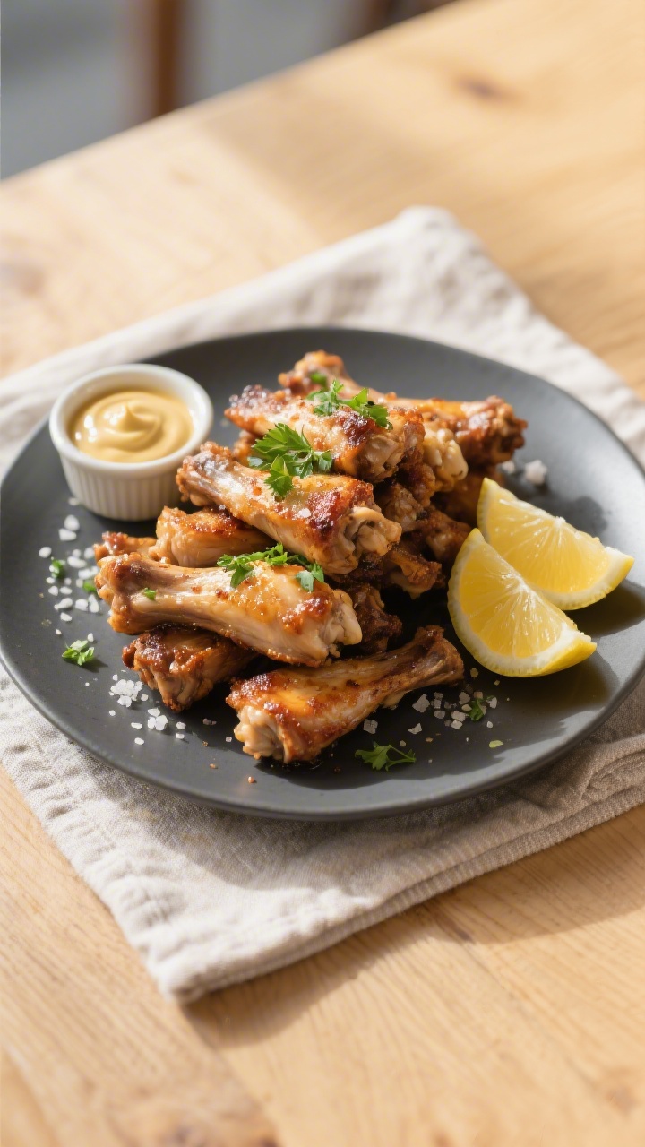 Final dish, overhead: Plated chicken necks styled as a shareable appetizer on a matte charcoal plate