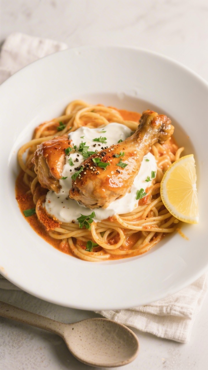 Final dish plated: Restaurant-quality presentation of chicken paprikash over buttered egg noodles on