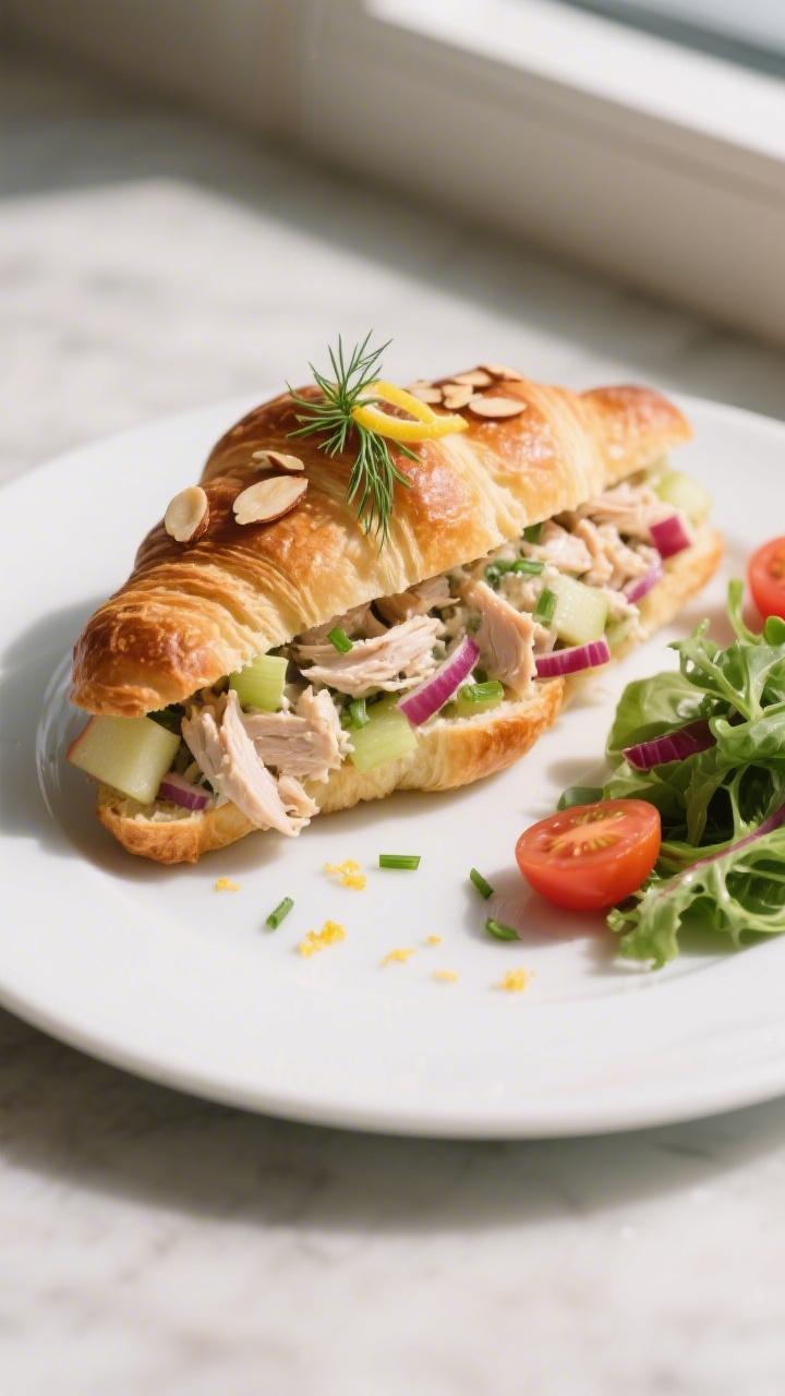 Final dish, plated sandwich: Beautifully plated smoked chicken salad croissant sandwich—buttery, f