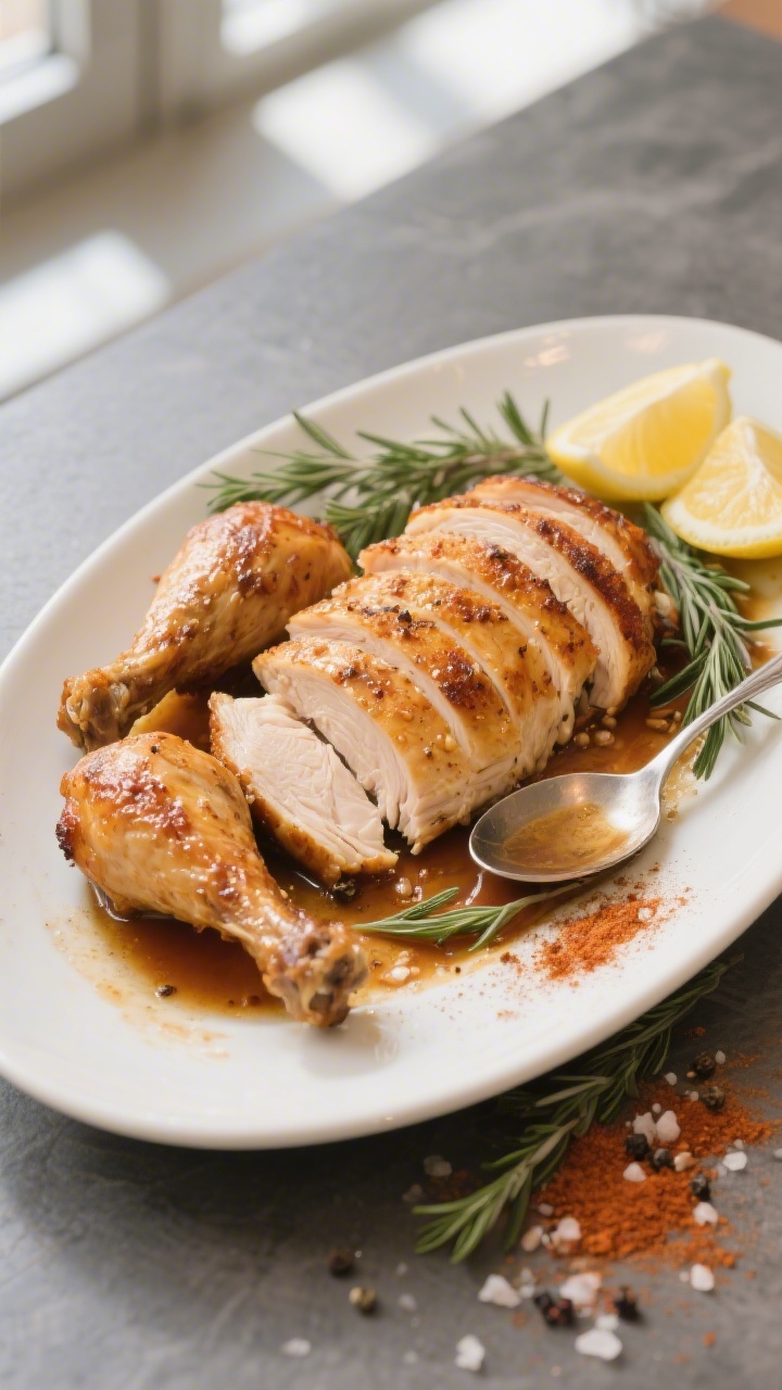 Final dish presentation: Beautifully carved airfryer roast chicken plated family-style—sliced brea