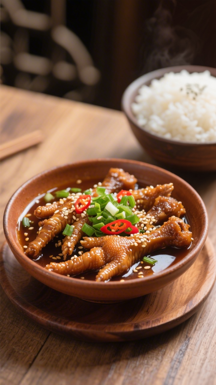 Final dish presentation: beautifully plated braised chicken feet in a warm ceramic bowl, sauce silky