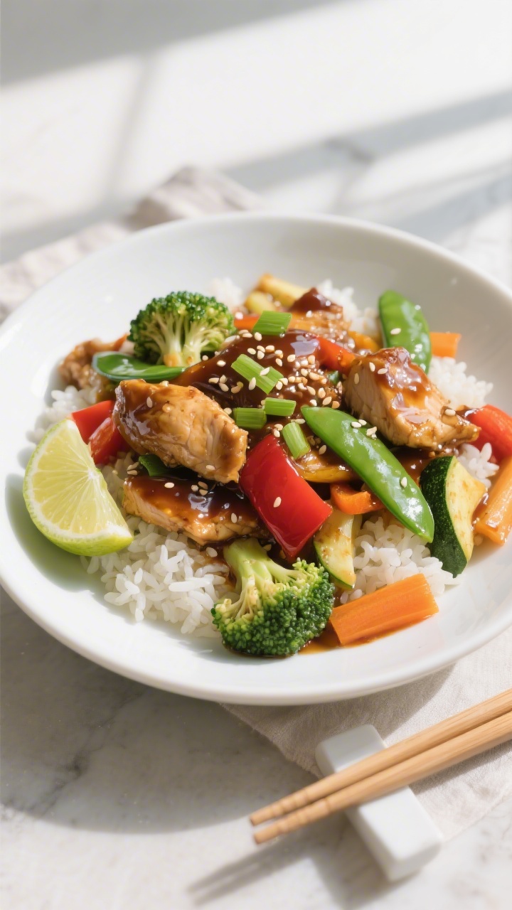 Final dish presentation: Beautifully plated Chicken Stir Fry With Vegetables over fluffy jasmine ric