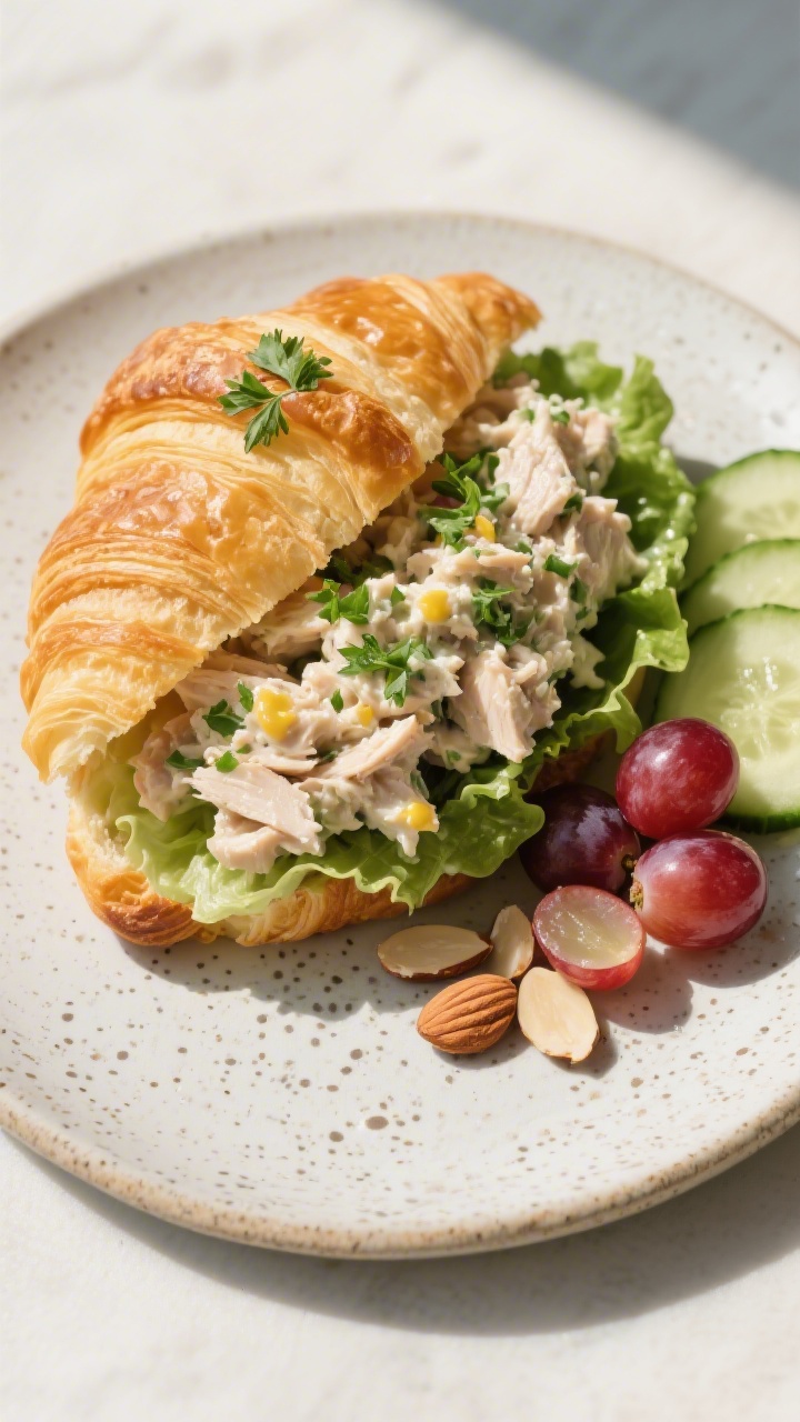 Final dish presentation: Beautifully plated chicken salad croissant sandwich on a speckled stoneware