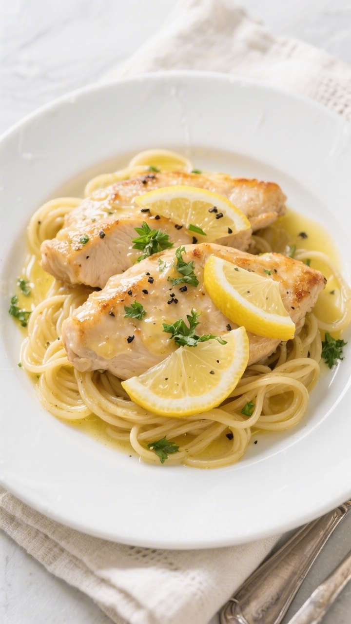 Final dish presentation: Beautifully plated Chicken Francaise on a white rimmed plate—three tender