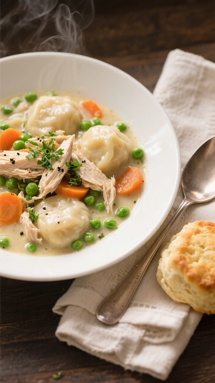 Final dish presentation: Beautifully plated chicken and dumplings in a wide, shallow white bowl, ric