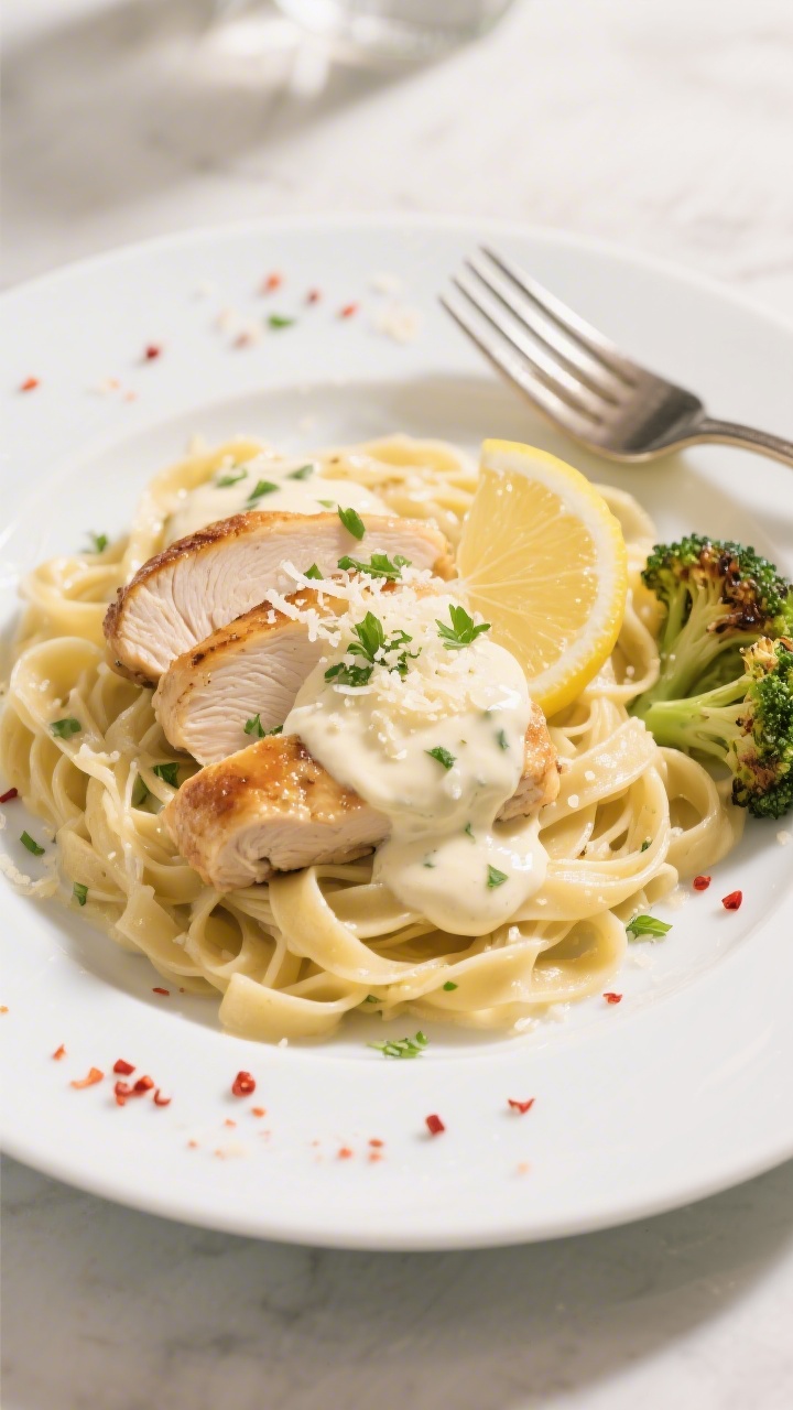 Final dish presentation: Beautifully plated Cream Cheese Chicken over al dente tagliatelle on a wide