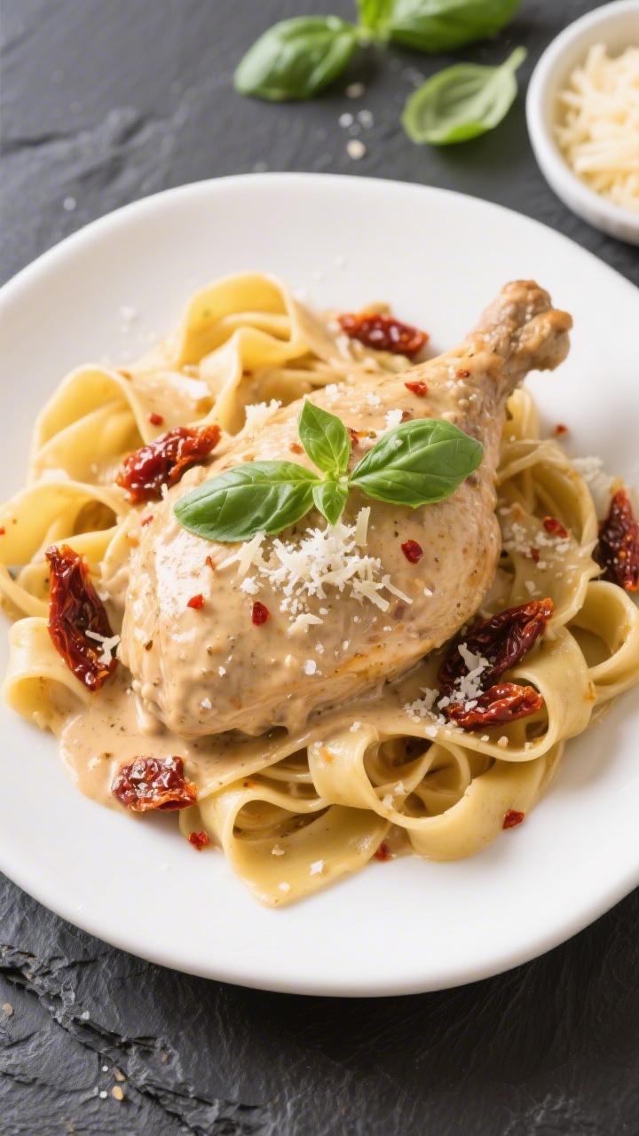 Final dish presentation: Beautifully plated Crock Pot Marry Me Chicken over al dente pasta (papparde