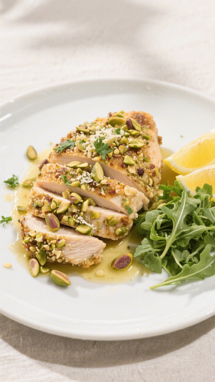 Final dish presentation: Beautifully plated Pistachio Chicken on a matte white plate, sliced on a bi