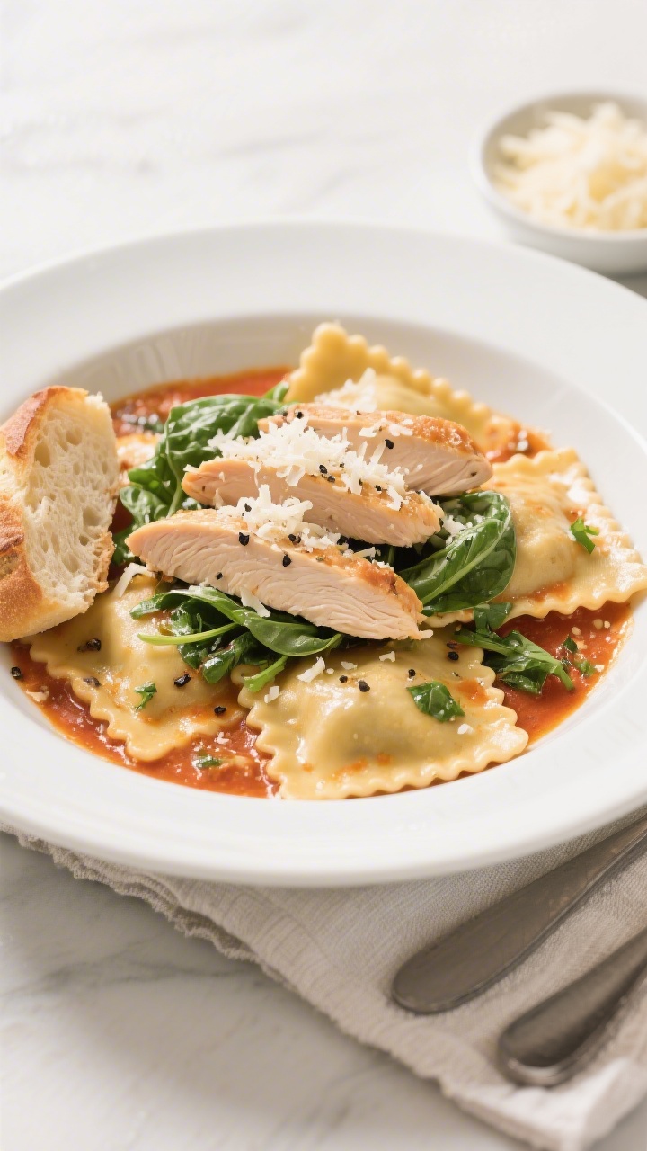 Final dish presentation: Beautifully plated ravioli and chicken in a wide white pasta bowl, ravioli